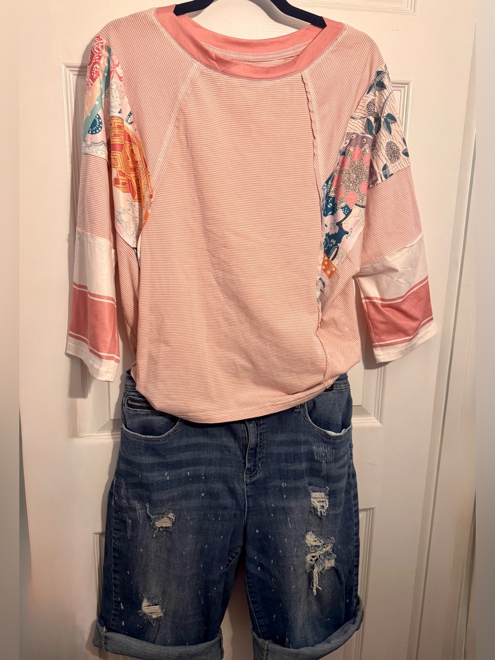 Light Pink Raglan 3/4 Sleeve Patchwork Boho Top Size Small - Picture 16 of 16